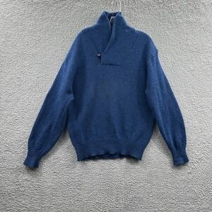 Vtg LL Bean Mens Sweater Large Blue Wool Shawl Collar Heritage Cabin Outdoor